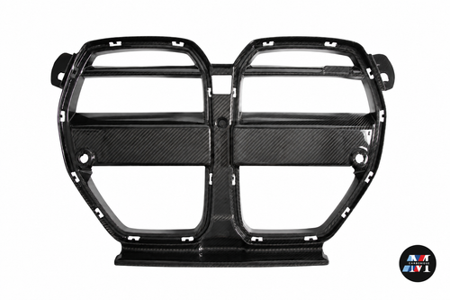 MCarbonique branded product photo — MCarbonique GT V2 Single-Piece Dry Carbon Front Grille | BMW G80 M3 / G82–G83 M4 — product on white