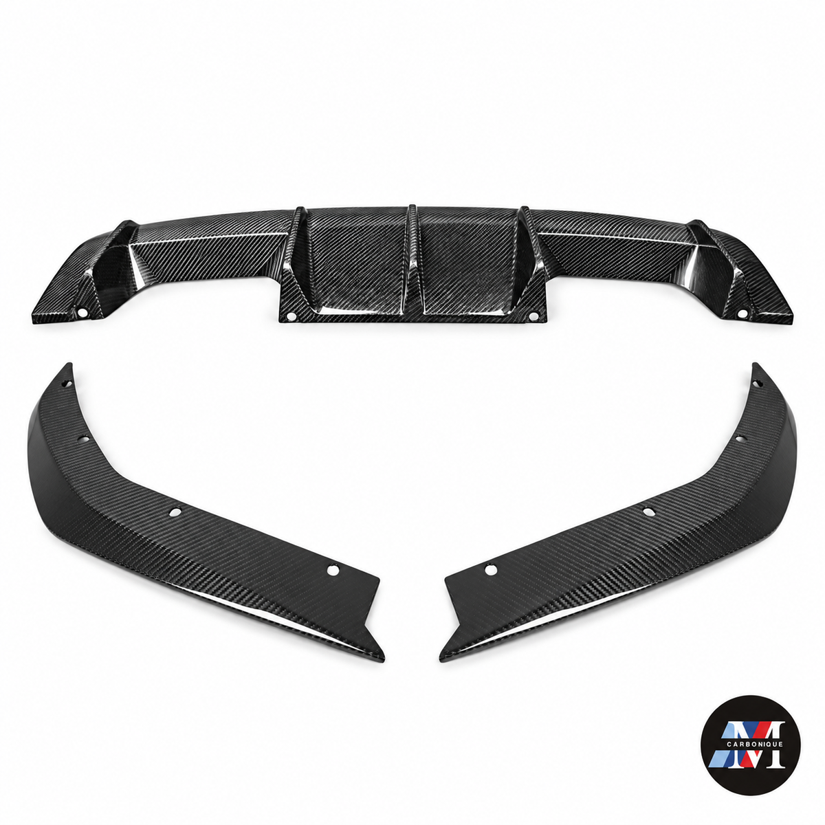 MCarbonique branded product photo — MCarbonique G80/G82 Stage 1 Rear Kit — base kit includes diffuser and corner extensions; outline trim optional